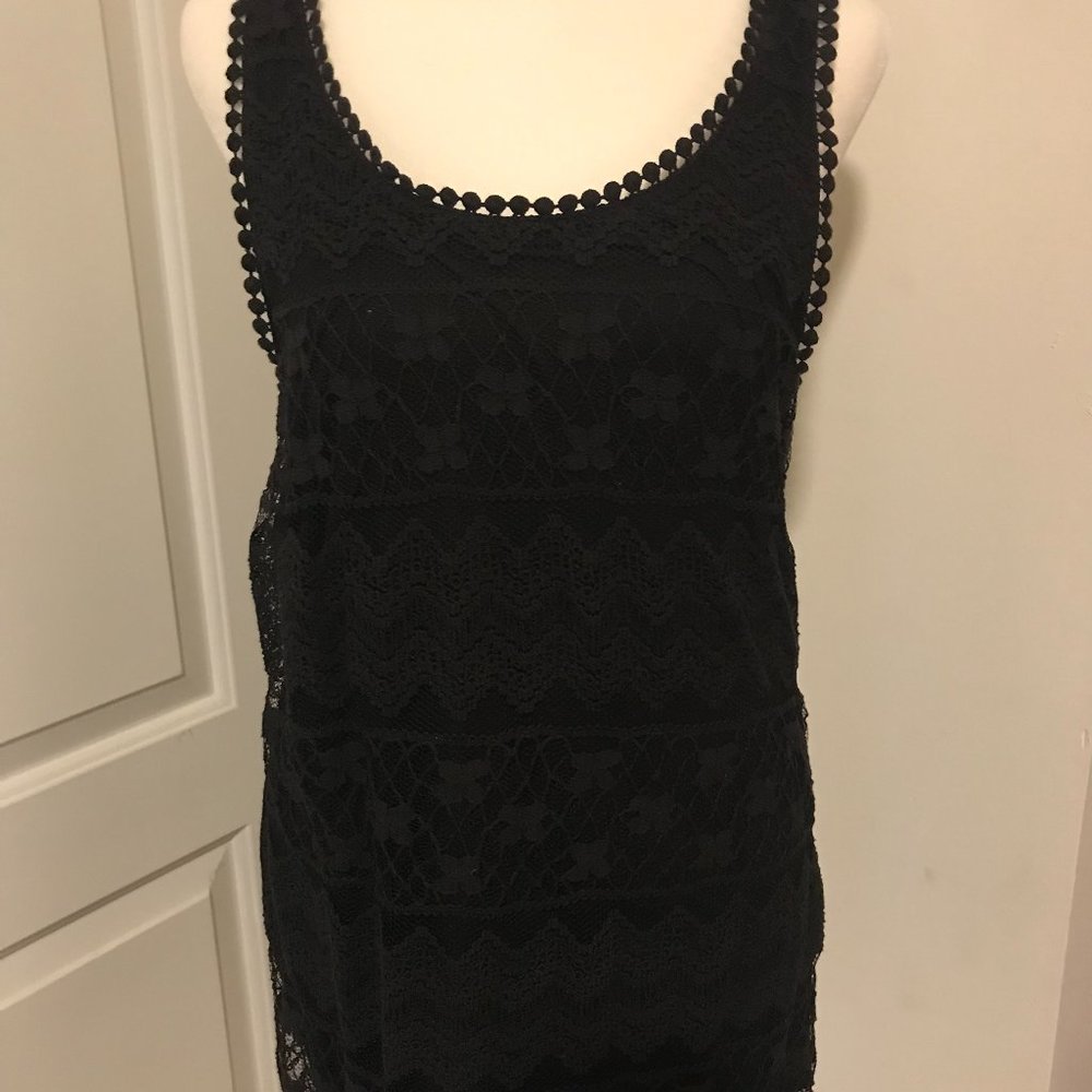 Ladies Black Tank with Knit Lace Front Overlay